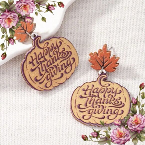 Autumn Maple Leaf Turkey Pumpkin Wooden Earrings Thanksgiving dinner wear - Picture 1 of 9